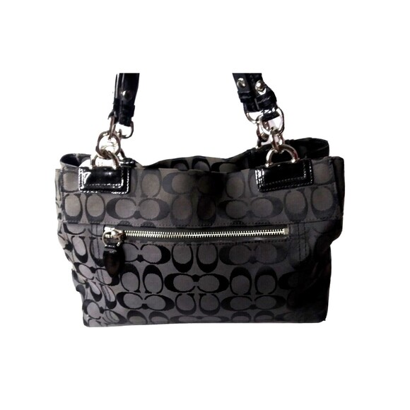 COACH F16580 Black Logo Canvas & Leather Handbag Python Embossed Accent - Picture 2 of 8